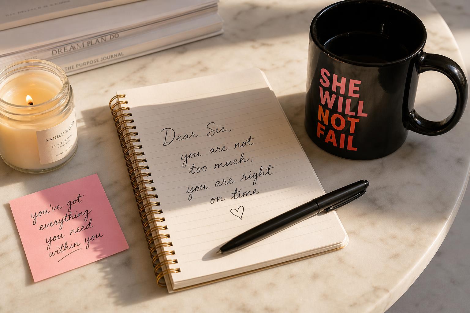 Open notebook with a handwritten note next to a She Will Not Fail mug
