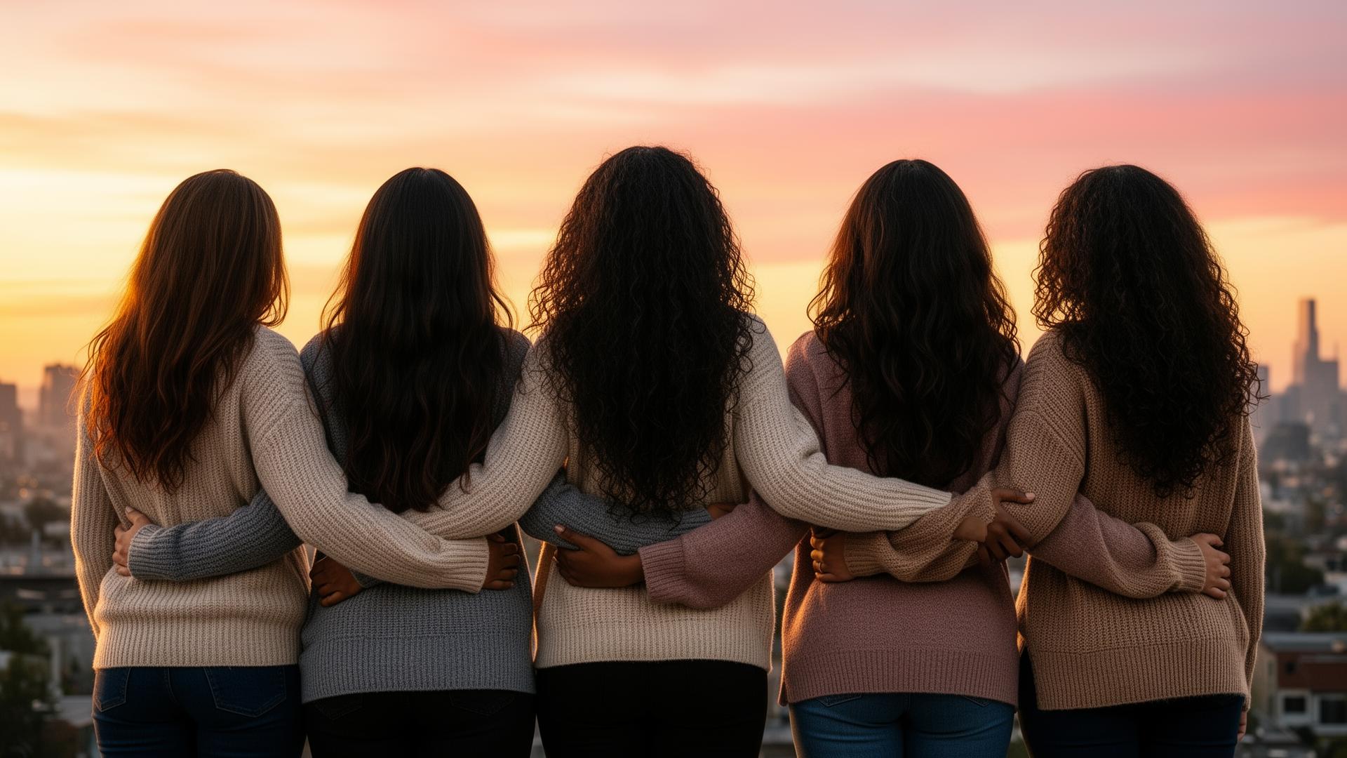 Five women standing arm in arm looking at a city sunset